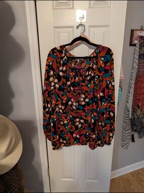Women's Multi-Leaf Tie-Neck Blouse in Black with Bright Accents